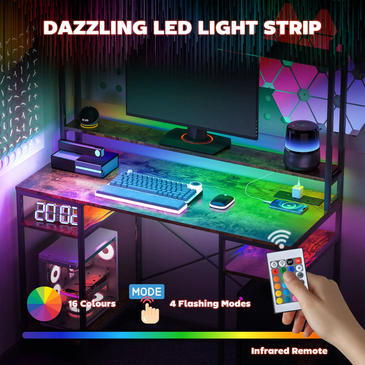 HOMCOM Computer Desk with Power Outlets and LED Lights, Home Office Desk with Monitor Stand, 2 CPU Stands and Storage Shelves, Study Table Gaming Desk with Hutch, Rustic Brown