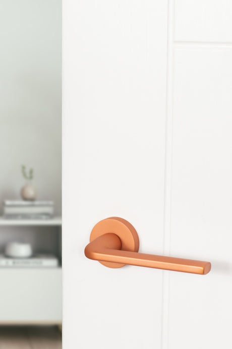 Forme Milly Lever Door Handle on Minimal Round Rose - Urban Satin Copper - Set