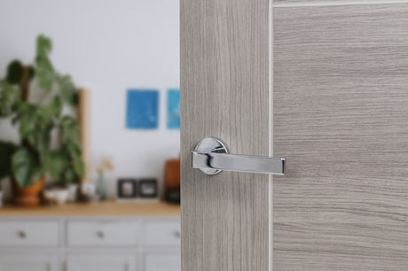 Forme Asti Lever Door Handle on Minimal Round Rose - Polished Chrome - Set