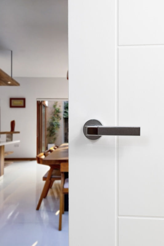 Forme Asti Lever Door Handle on Minimal Round Rose - Satin Chrome/Polished Chrome - Set