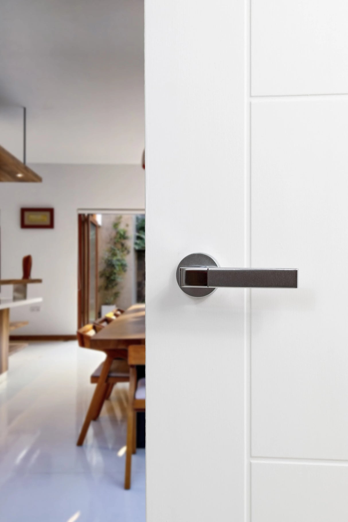 Forme Asti Lever Door Handle on Minimal Round Rose - Satin Chrome/Polished Chrome - Set