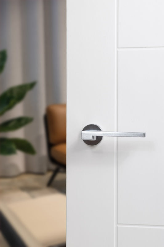 Forme Ginevra Lever Door Handle on Minimal Round Rose - Satin Chrome - Set