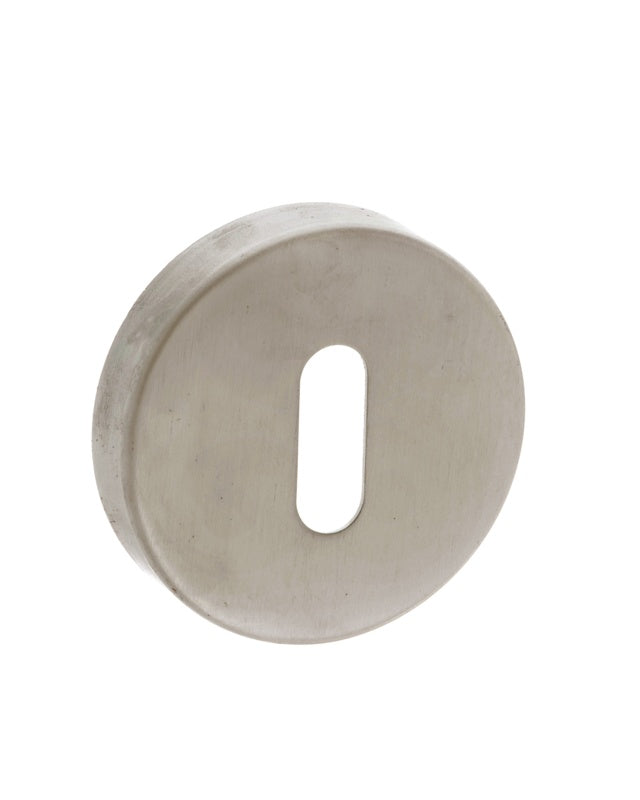 Forme Key Escutcheons on Minimal Round Rose - Satin Nickel - Pair