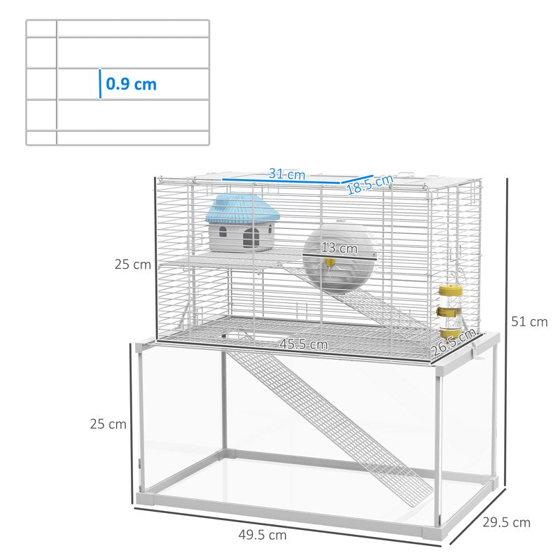 PawHut Gerbil Cage, Dwarf Hamster Cage w/ Deep Glass Bottom, Ramps, Platforms, Hut, Exercise Wheels, Water Bottle - White