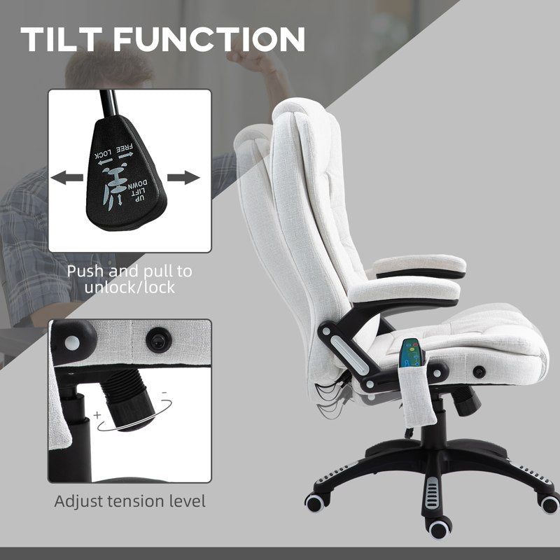Vinsetto Massage Recliner Chair Heated Office Chair with Six Massage Points Linen-Feel Fabric 360 Swivel Wheels Cream White