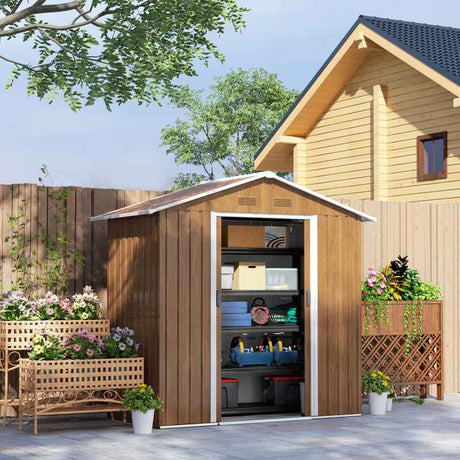 Outsunny 6.5 x 3.5ft Metal Garden Storage Shed - Brown Wood Effect