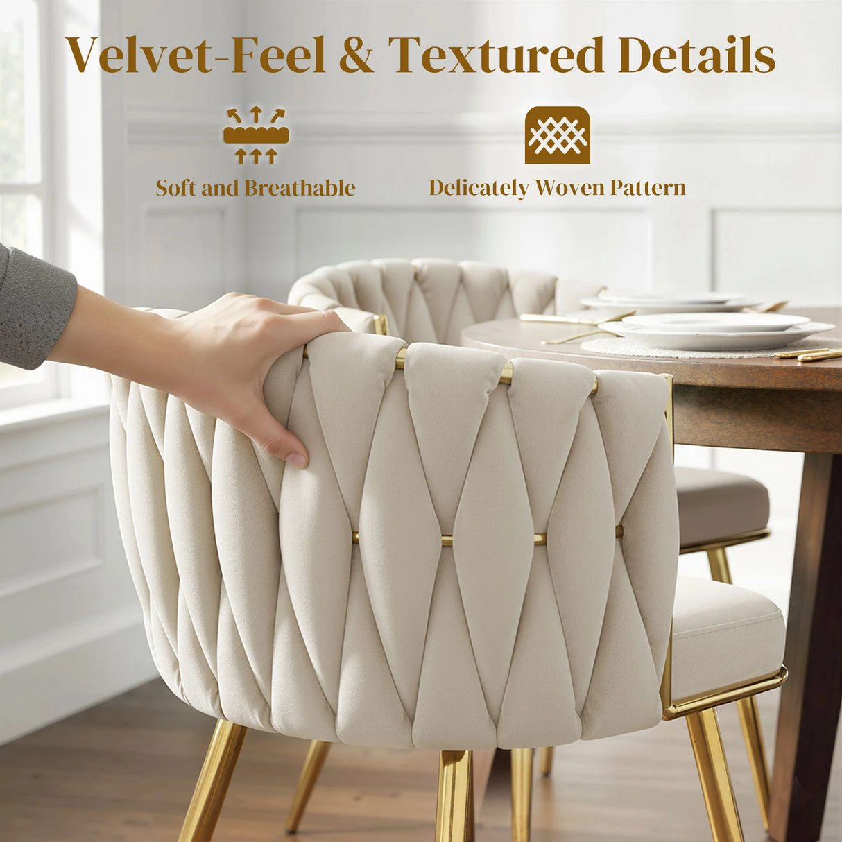 HOMCOM Velvet-Feel Dining Chairs Set of 2, Modern Upholstered Kitchen Chairs with Woven Backrest and Armrests, Metal Legs and Padded Seat for Dining Room, Bedroom, Living Room, Cream