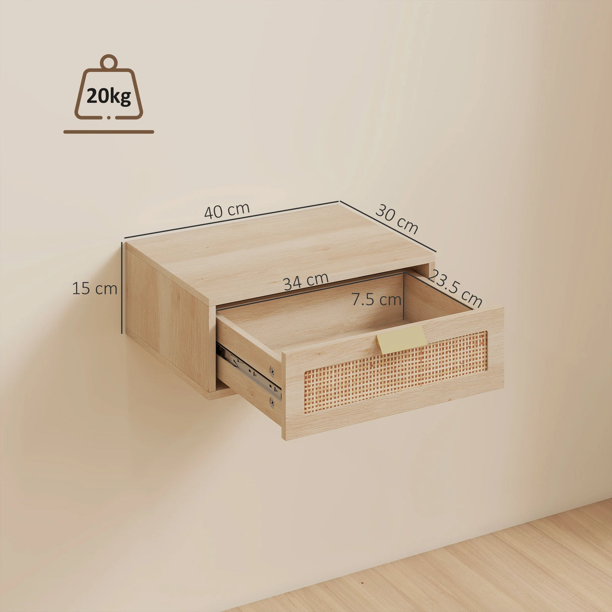 HOMCOM Floating Bedside Tables Set of 2, Wall Mounted Bedside Cabinets with Rattan Drawer and Wood Effect, Oak