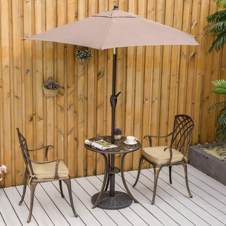 Outsunny 3 Piece Cast Aluminium Garden Bistro Set for 2 with Parasol Hole, Outdoor Coffee Table Set Rust Resistant with Cushions - Bronze