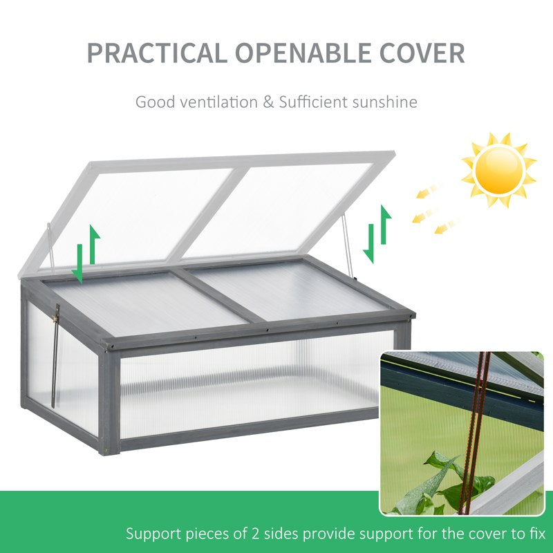 Outsunny Wooden Cold Frame, Small Polycarbonate Greenhouse for Plants with Openable & Tilted Top Cover, Grey, 100 x 65 x 40cm