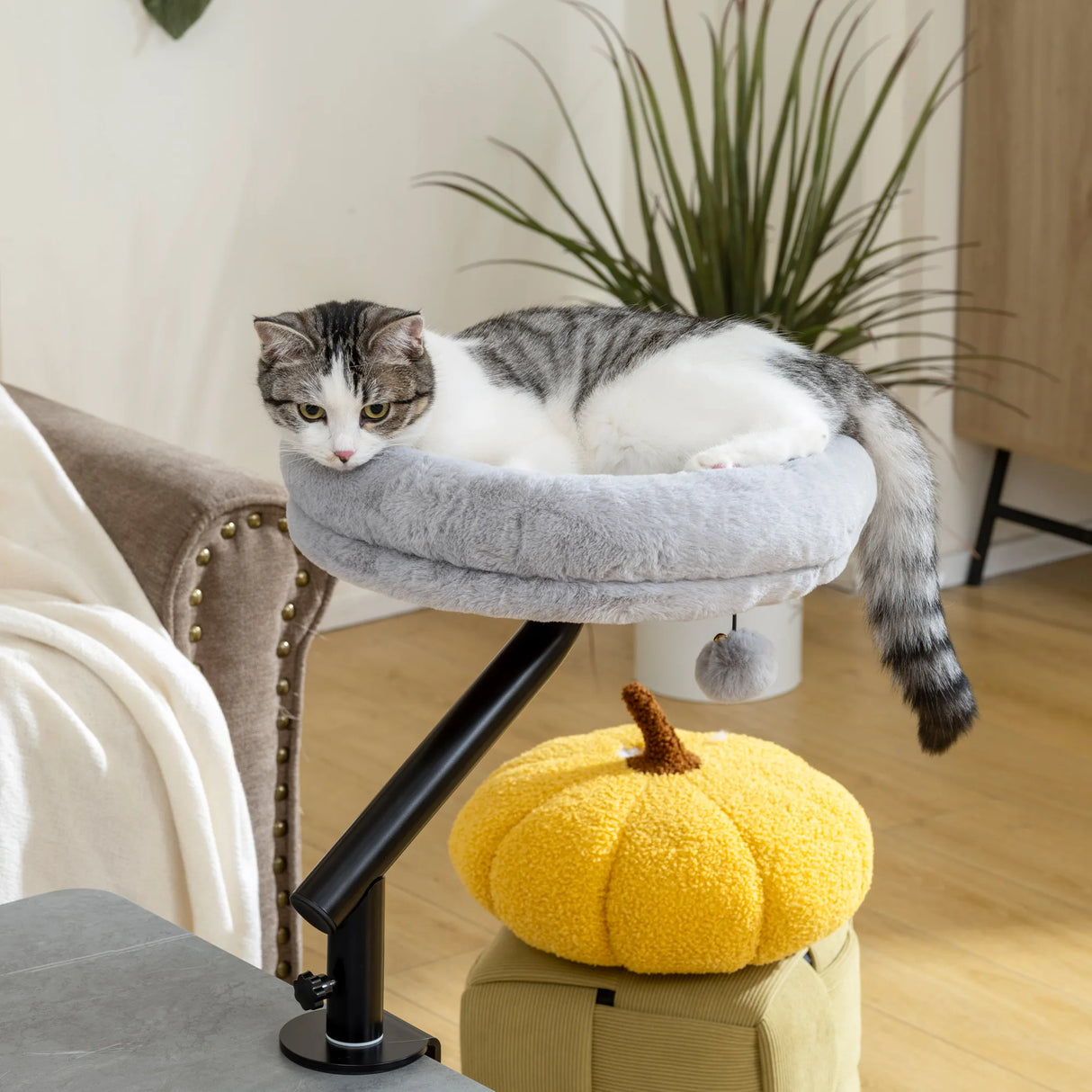 PawHut Cat Desk Bed, Cat Hammock 360 Rotatable Adjustable for Window, Table, Work, Grey