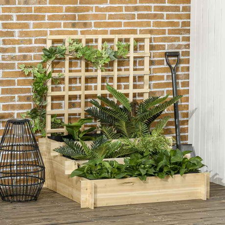 Outsunny 3 Tier Garden Planters with Trellis for Vine Climbing, Wooden Raised Beds, 95x95x110cm, Natural Tone