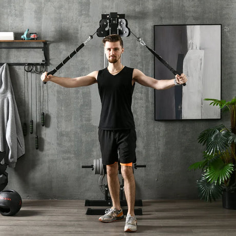 SPORTNOW Wall Mount Cable Machine, 15 Positions Adjustable Cable Crossover Machine Dual Pulley System for Home Gym