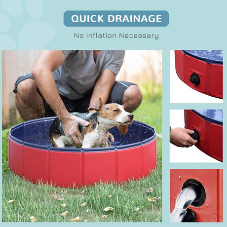 PawHut Foldable Dog Paddling Pool Pet Cat Swimming Pool Indoor/Outdoor Collapsible Summer Bathing Tub Shower Tub Puppy Washer (Φ80 × 20H cm, Red)