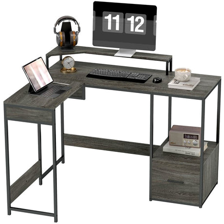 HOMCOM L Shaped Desk, Computer Desk with Liftable Desktop, Industrial Corner Desk with Drawer for A4/Letter Size, Home Office Desk with Monitor Stand for Home Office, Charcoal Grey