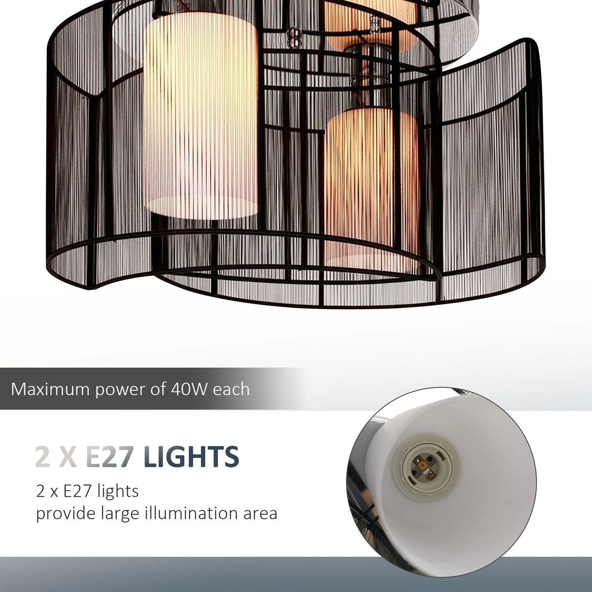 HOMCOM Modern Chandelier, Semi-Flush Mount Ceiling Light with 2 Light, E27 Bulb Base for Hallway, Dining Room, Living Room, White and Black