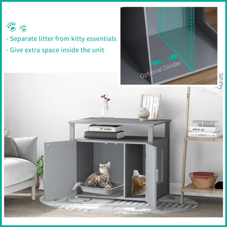 PawHut Wooden Cat Litter Box Enclosure Furniture with Adjustable Interior Wall & Large Tabletop for Nightstand, Grey