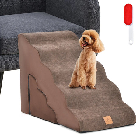 22 Inches and 11 Inches Foam Pet Stairs Set with 5-Tier and 3-Tier Dog Ramps-Brown