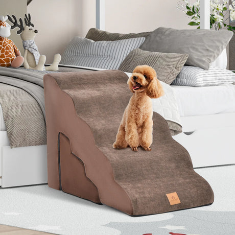 22 Inches and 11 Inches Foam Pet Stairs Set with 5-Tier and 3-Tier Dog Ramps-Brown