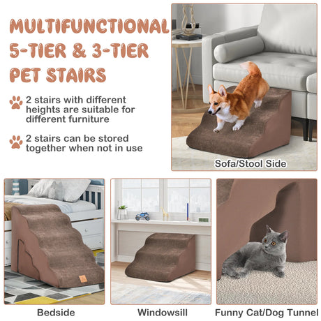 22 Inches and 11 Inches Foam Pet Stairs Set with 5-Tier and 3-Tier Dog Ramps-Brown
