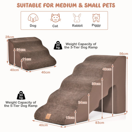 22 Inches and 11 Inches Foam Pet Stairs Set with 5-Tier and 3-Tier Dog Ramps-Brown
