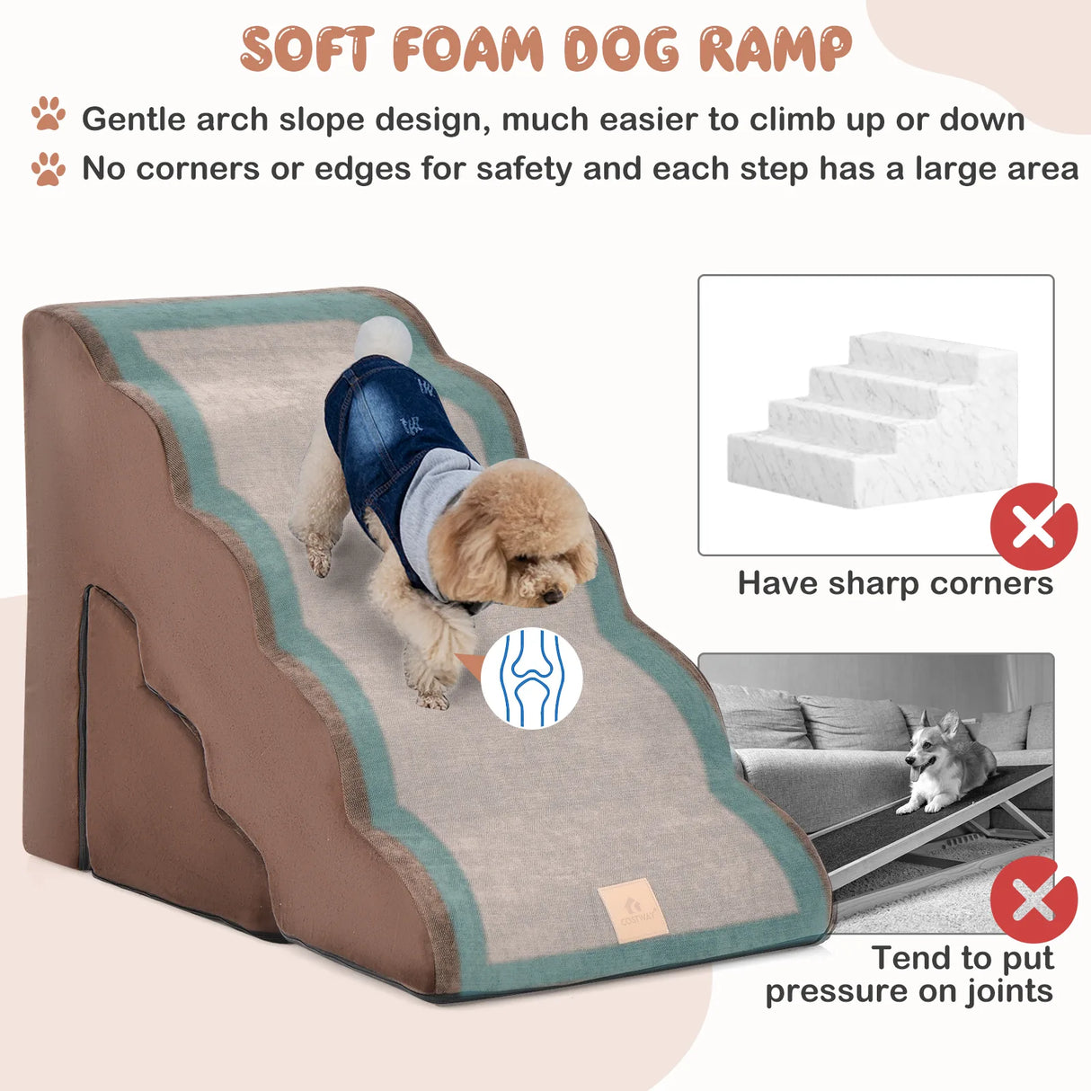 22 Inches and 11 Inches Foam Pet Stairs Set with 5-Tier and 3-Tier Dog Ramps-Brown