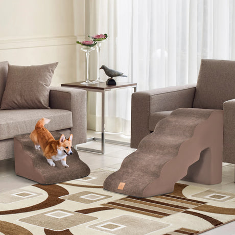 22 Inches and 11 Inches Foam Pet Stairs Set with 5-Tier and 3-Tier Dog Ramps-Brown