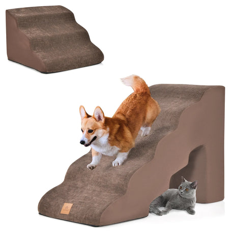 22 Inches and 11 Inches Foam Pet Stairs Set with 5-Tier and 3-Tier Dog Ramps-Brown