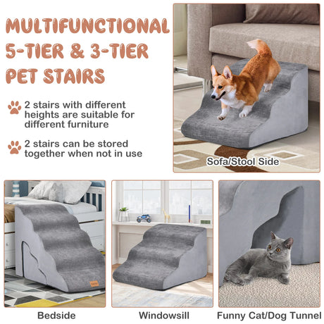 22 Inches and 11 Inches Foam Pet Stairs Set with 5-Tier and 3-Tier Dog Ramps-Gray