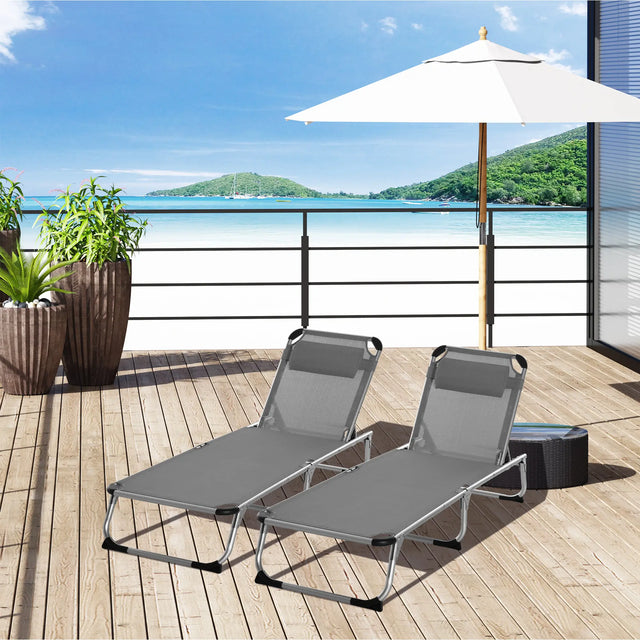 Outsunny Foldable Outdoor Sun Loungers Set of 2, Reclining Lounge Chair Camping Bed Cot with Pillow 4-Level Adjustable Back Aluminium Frame, Grey