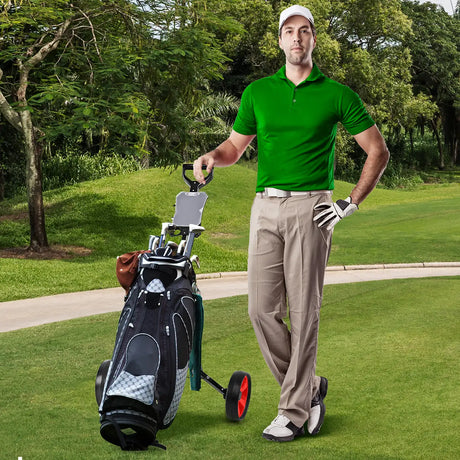 Foldable steel golf trolley with scorecard holder, 2-wheel golf trolley, golf bag push cart, red