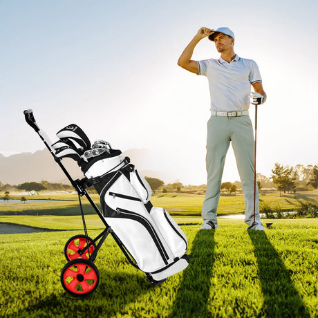 Foldable steel golf trolley with scorecard holder, 2-wheel golf trolley, golf bag push cart, red