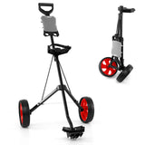 Foldable steel golf trolley with scorecard holder, 2-wheel golf trolley, golf bag push cart, red