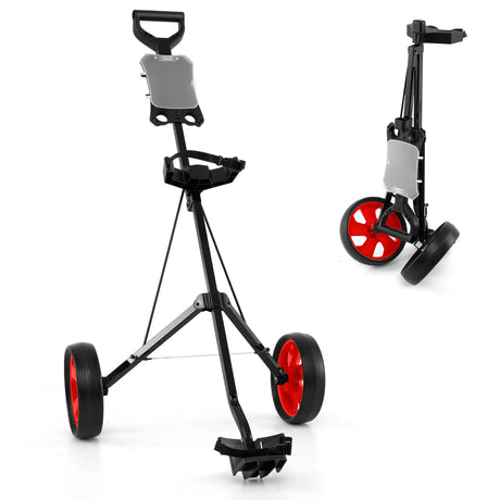 Foldable steel golf trolley with scorecard holder, 2-wheel golf trolley, golf bag push cart, red