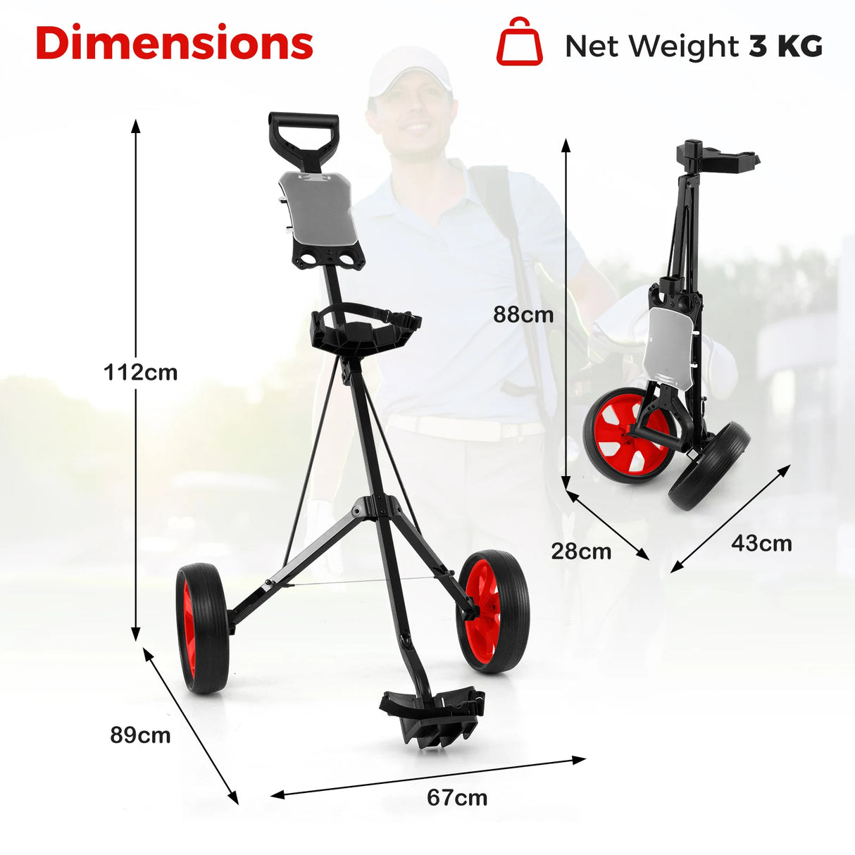 Foldable steel golf trolley with scorecard holder, 2-wheel golf trolley, golf bag push cart, red
