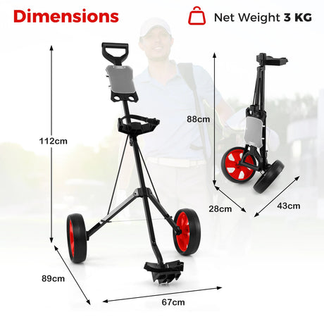Foldable steel golf trolley with scorecard holder, 2-wheel golf trolley, golf bag push cart, red