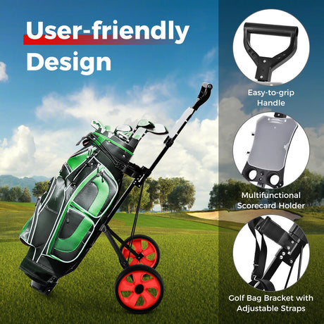 Foldable steel golf trolley with scorecard holder, 2-wheel golf trolley, golf bag push cart, red