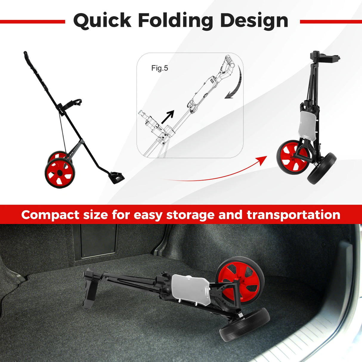 Foldable steel golf trolley with scorecard holder, 2-wheel golf trolley, golf bag push cart, red