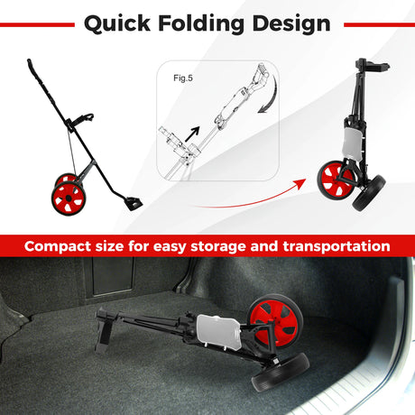 Foldable steel golf trolley with scorecard holder, 2-wheel golf trolley, golf bag push cart, red