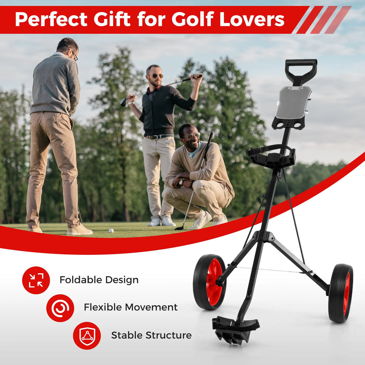 Foldable steel golf trolley with scorecard holder, 2-wheel golf trolley, golf bag push cart, red