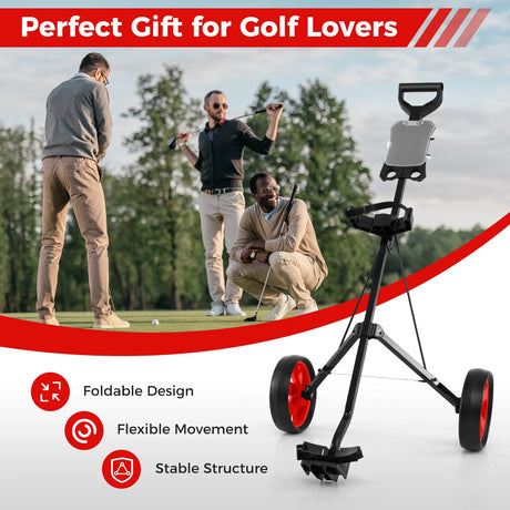 Foldable steel golf trolley with scorecard holder, 2-wheel golf trolley, golf bag push cart, red