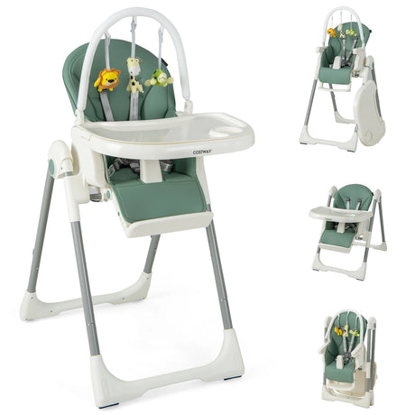4-in-1 Foldable Baby High Chair with 7 Adjustable Heights and Free Toys Bar-Green