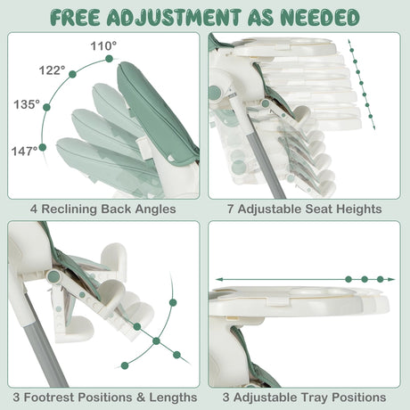 4-in-1 Foldable Baby High Chair with 7 Adjustable Heights and Free Toys Bar-Green