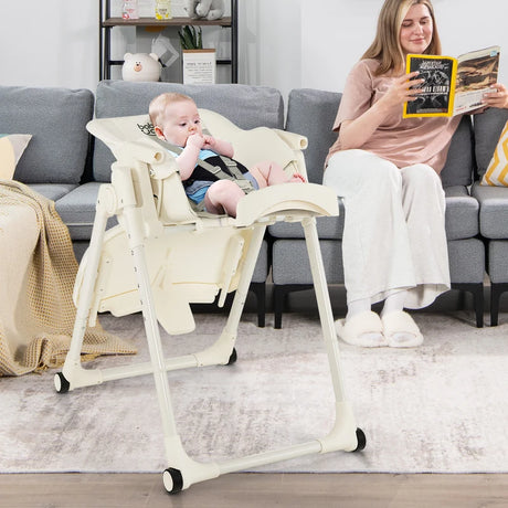 4-in-1 Foldable Baby High Chair with 6 Adjustable Heights and 5-Position Backrest-Beige