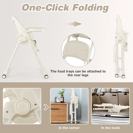 4-in-1 Foldable Baby High Chair with 6 Adjustable Heights and 5-Position Backrest-Beige