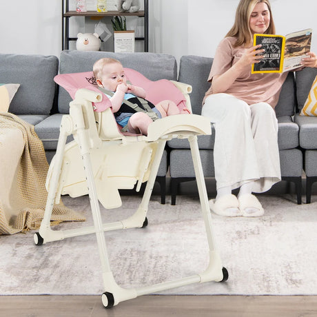 4-in-1 Foldable Baby High Chair with 6 Adjustable Heights and 5-Position Backrest-Pink
