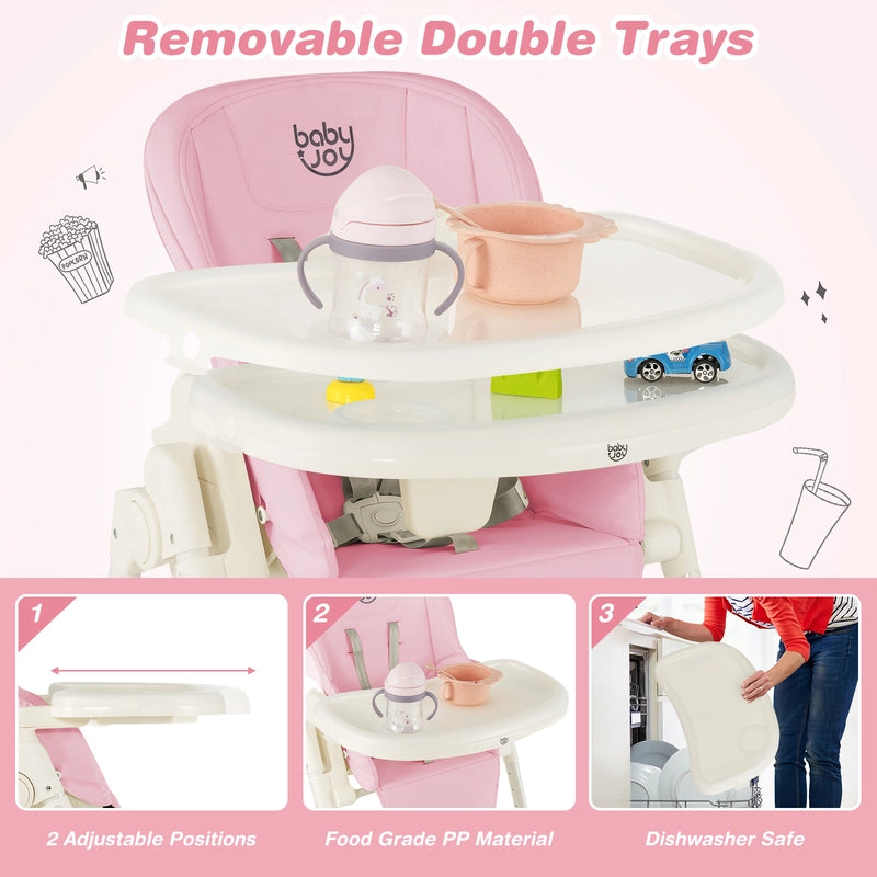 4-in-1 Foldable Baby High Chair with 6 Adjustable Heights and 5-Position Backrest-Pink
