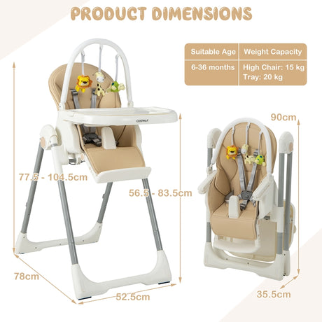 4-in-1 Foldable Baby High Chair with 7 Adjustable Heights and Free Toys Bar-Yellow
