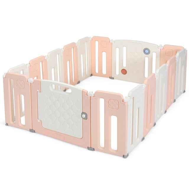 16-Panel Foldable Baby Playpen with Safety Lock for Toddlers-Pink