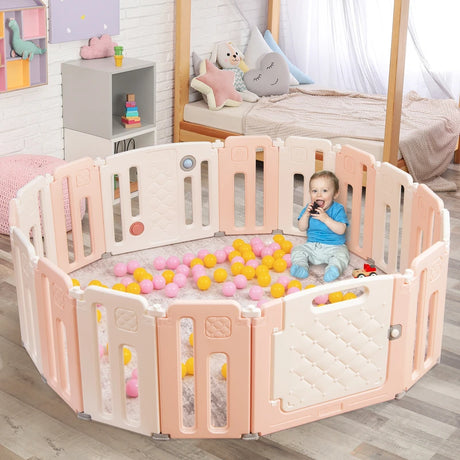 16-Panel Foldable Baby Playpen with Safety Lock for Toddlers-Pink